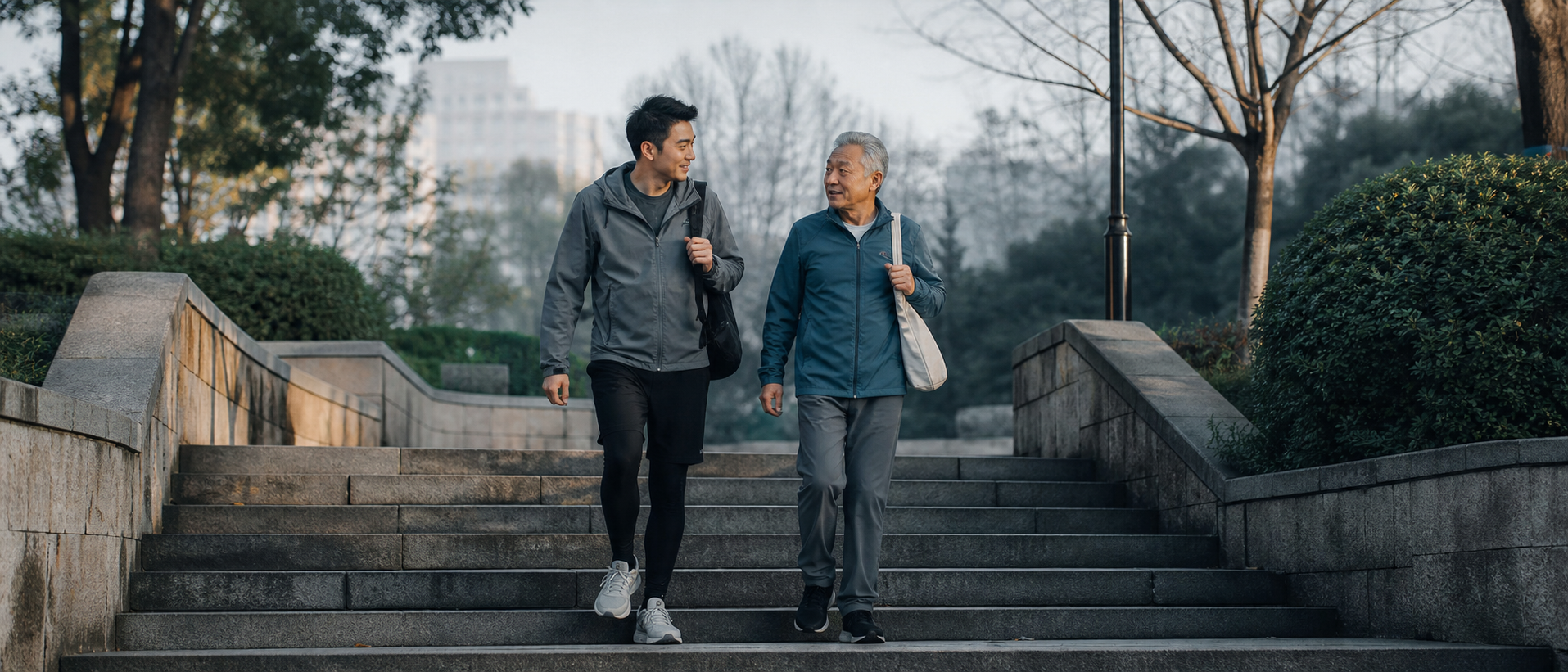 两代人在城市公园台阶上同行，表现跨年龄的长期行动能力